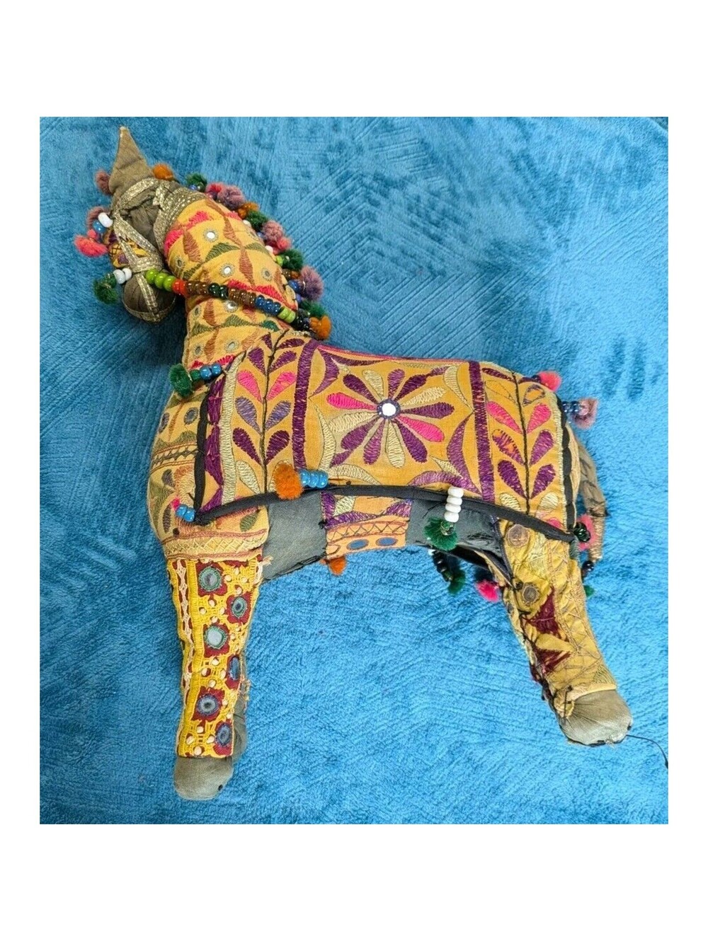 Vintage Indian Folk Art Rajasthani Handmade Embroidered Horse Large 18" Yellow